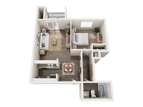 A top-down view of a small apartment with a kitchen, living room, and bathroom.
